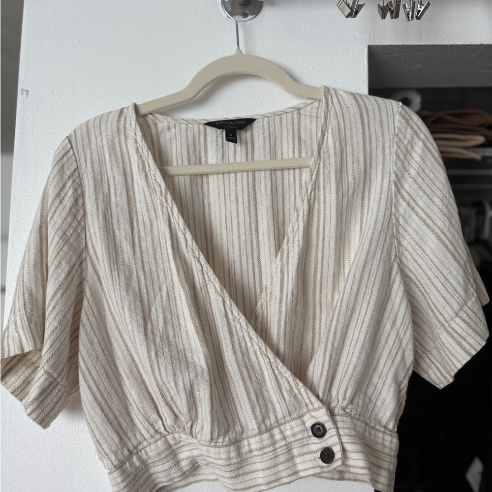Banana Republic Factory Beige Striped Wrap Blouse